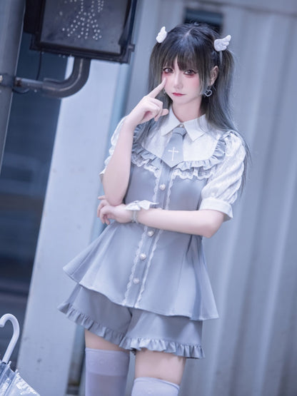 ボタンヘムショーツ+ネクタイフルトリムライトケイジライセット-レースブルーブラウス+フリルハート