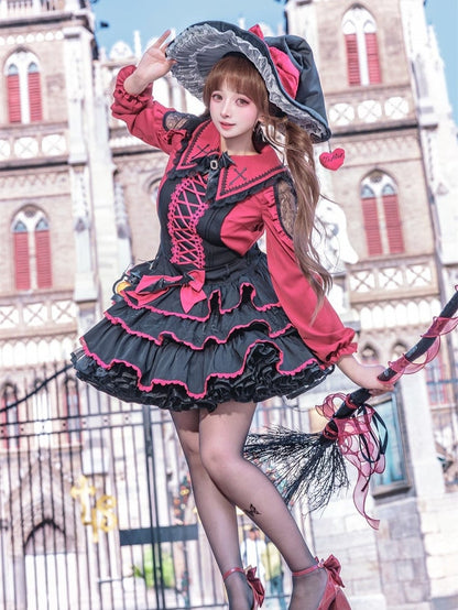 Jumper Showa Retro Black Witch Tiered Skirt Dress Red