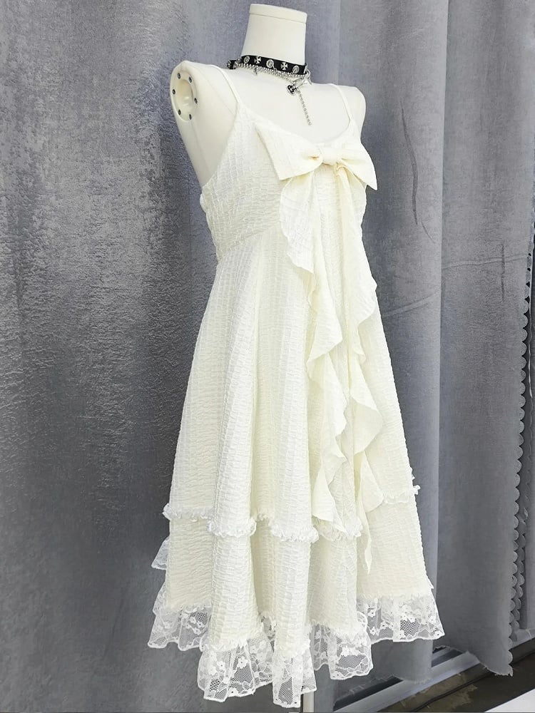 Big Bow Neckline Lace Skirt Apricot Cami Dress Trim Bubble