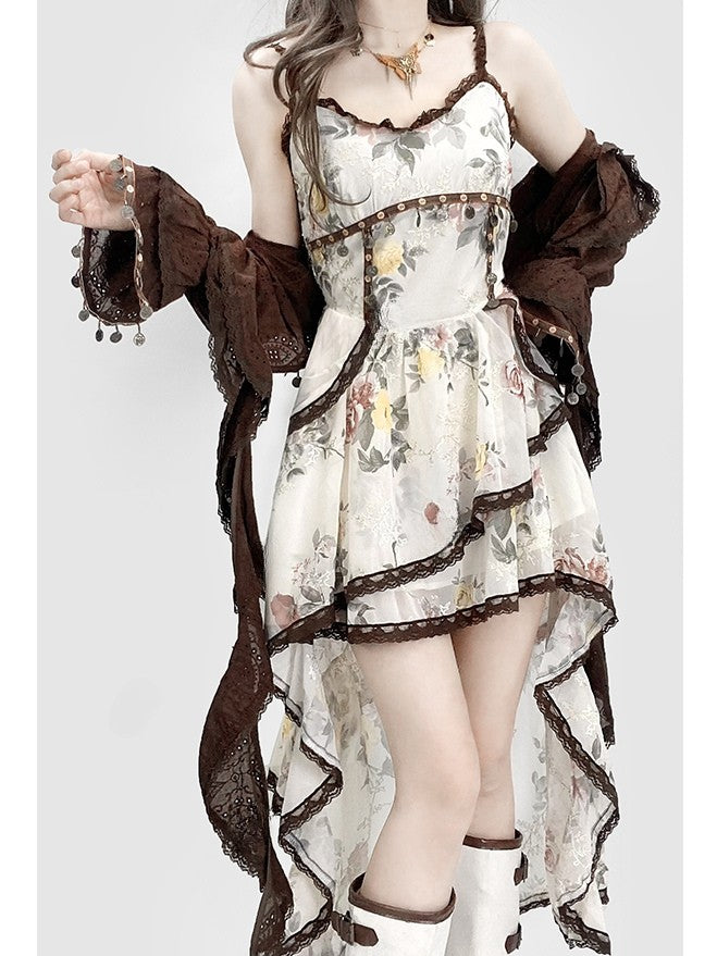 High-Low-Braun Ärmel Cami Cardigan Bell Weiß Rock Mit Kleid Urlaub Floral