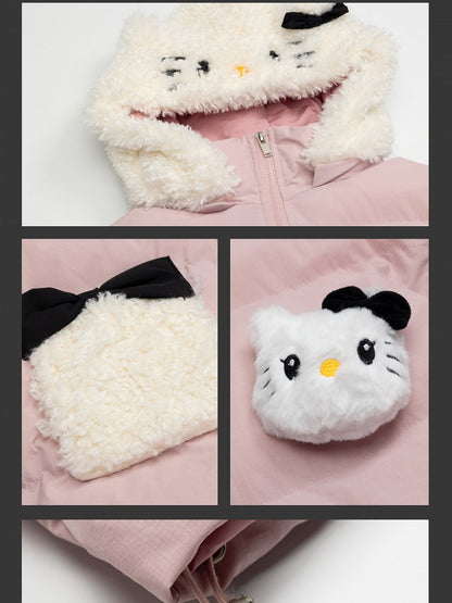 Rosa/schwarze Pufferjacke mit Kapuze und Plüschbündchen mit Kätzchen-Verzierung