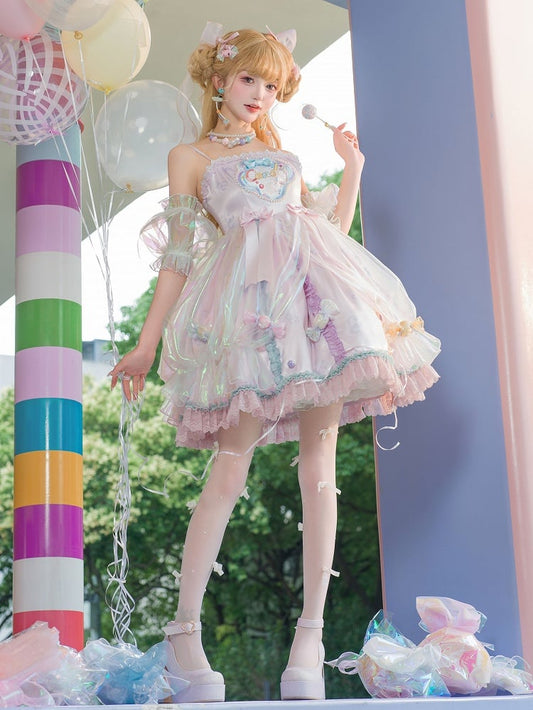 Mit Süßigkeiten verziertes lila Trägerkleid mit Perlen, süßes JSK und Lolita-Spaghetti-Licht