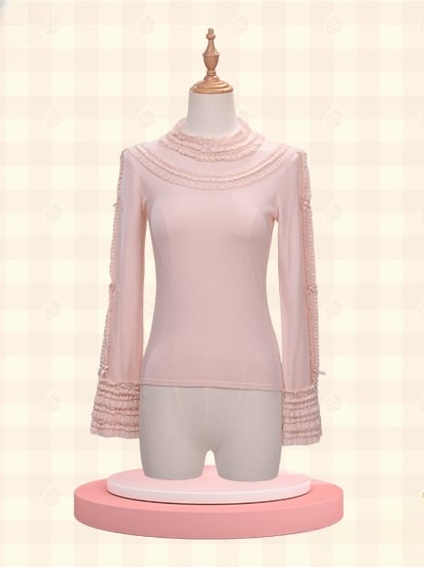 and Lace Lolita Pink with Long Top Neckline Cuffs Sleeves
