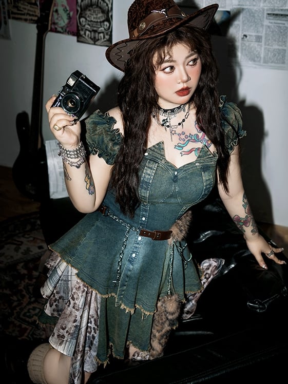 Mode mit blauen Puffärmeln Jeanskleid Leopardengürtel Patchwork Plus Size Gyaru Taille