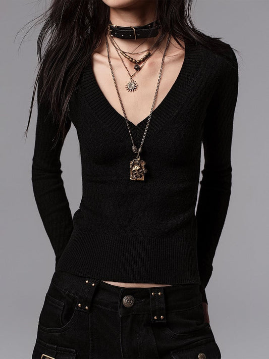 Top Black Ribbed Sleeve Knit Long - Cuffs Slim-fitting Cinching Waist