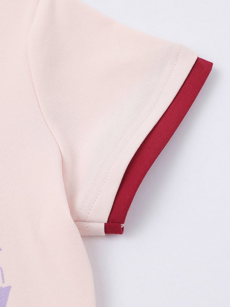 Pink Crew Neck Short Sleeve T-Shirt with Graffiti Prints - Languid Park