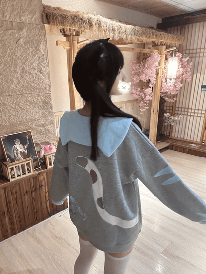 with Aesthetic Collar Girl Blue Soft Sweatshirt Cat-Ear Gray Embroidery Sailor Angel Kitten
