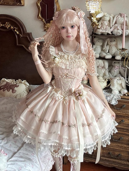 Boned Waist Balletcore Pink Ribbon Decoration Flutter Sweet Bowknots Sleeves JSK Lolita Dress