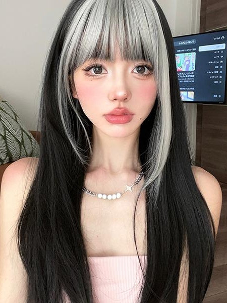 ブラック 65cm アンダーバスト丈 ストレートウィッグ シルバー フルバング