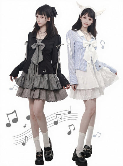 Onyx Lace-Collar Long-Sleeve Top with Musical Embroidery - PINK SAVIOR