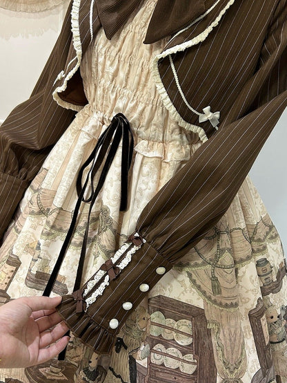 Fake Pieces Design Kaffee Cremig Lolita Haus Print Kleid Ärmel Lange Teddy Zwei