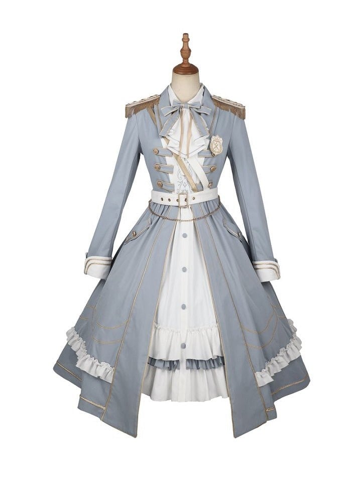 Military with Hem Buttons Blue and Ruffled Dress White Lolita Gold-tone