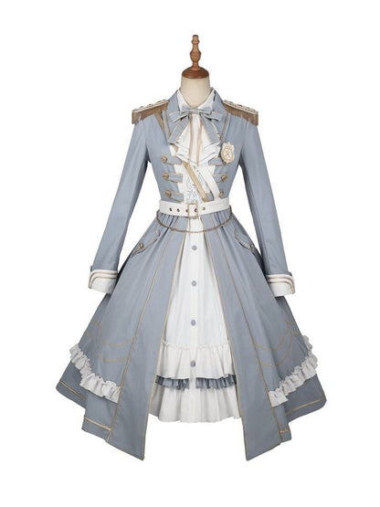 Military with Hem Buttons Blue and Ruffled Dress White Lolita Gold-tone