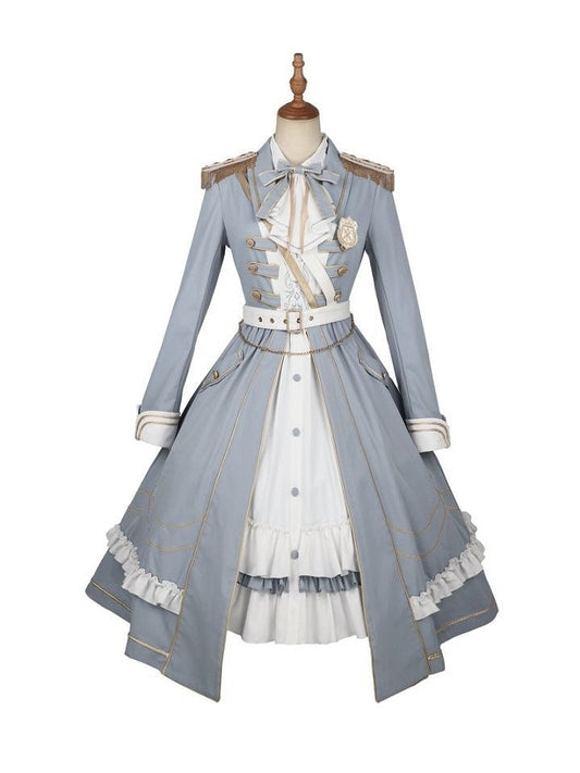 Military with Hem Buttons Blue and Ruffled Dress White Lolita Gold-tone