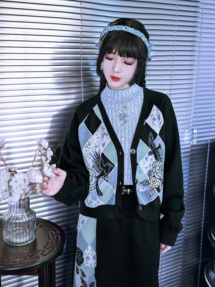 Knit Pattern Multi-Color Cardigan with Cheongsam Black Print V-Neck Jacquard Diamond Floral