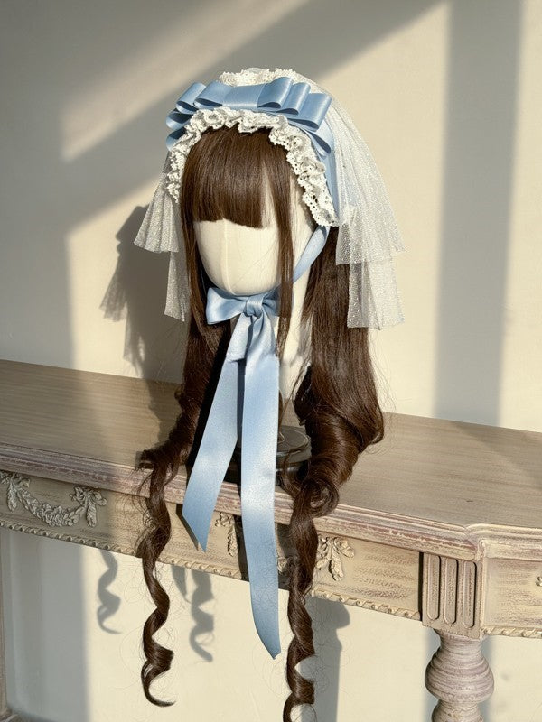 Layered Bow Blue Lace Trimmed Lolita Veil Hairband and