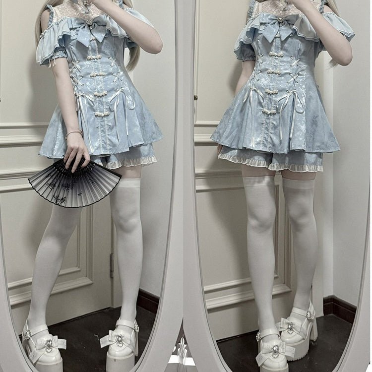 ショートパンツ、蝶ネクタイ、チャイナドレス、ライト、ネックライン、ケイスタイルセット - ジライイリュージョンミニドレス、ブルー、ベルスリーブ