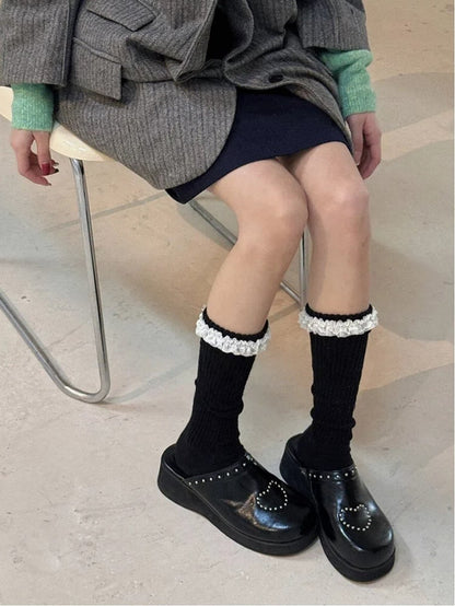 with Cuffs Socks Calf Ribbed Ruffled Lace