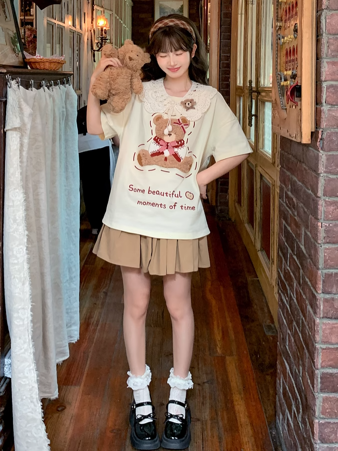 Cotton Plush Bear Embroidery Apricot Round Neck Loose T-shirt