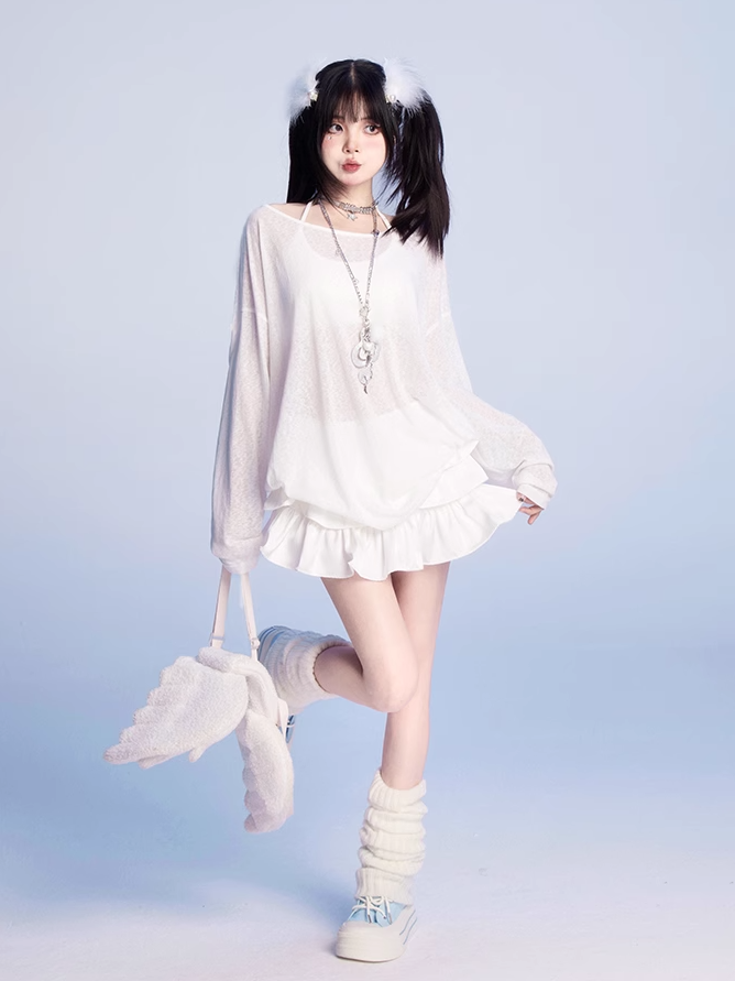 Butterfly-shaped Cutout White Asymmetrical Neckline Semi-sheer Coverup