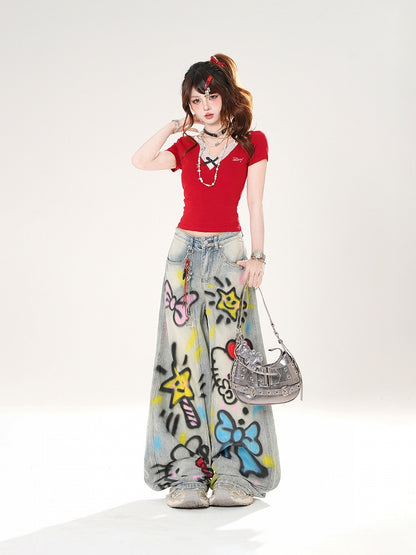 Slim-fitting Black/Red Design Lace Faux T-shirt Two-pieces Camisole