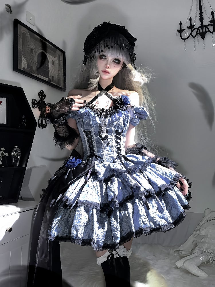 OP Floral Black Skirt Multi-Layered Lolita Dress Dark with and Blue Texture