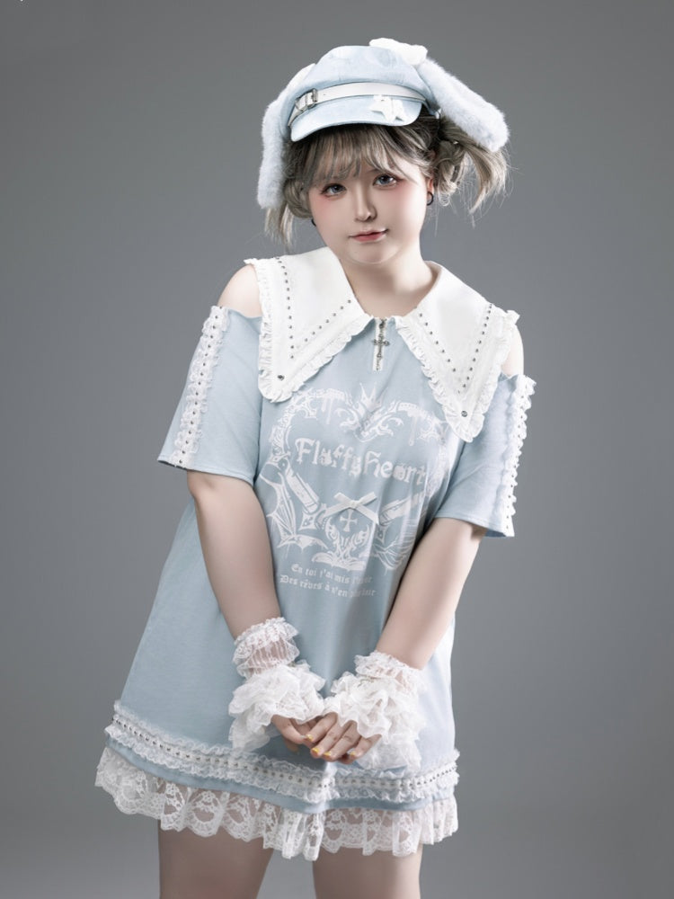 Blaues spitzes, flaches Kragen-Ausschnitt-Schulter-Spitzenbesatz-Jirai-Kei-Kleid, hell