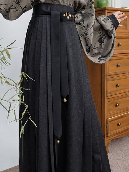 Pleated Style Detail Skirt Chinese with Waistband Elastic Black