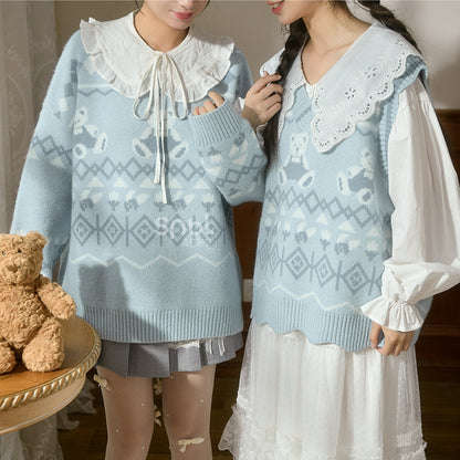 Blue Teddy Bears Pattern Round Neck Cozy Sweater