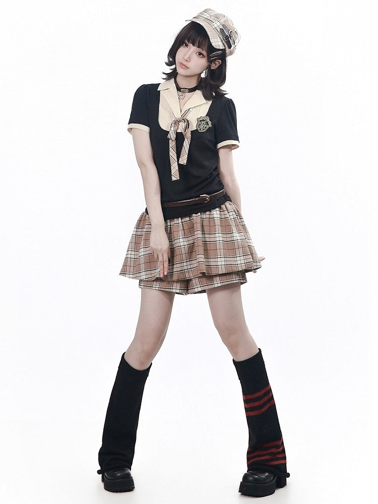 Preppy Style Yellow Plaid Skort - PINK SAVIOR