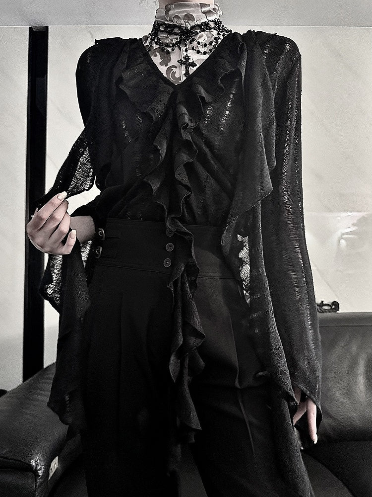Gothic Noir V-Neck Blouse with Sheer Cutouts & Frilled Cuffs - Aont