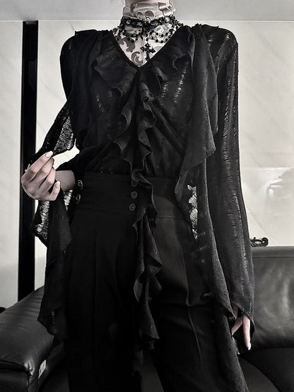 Gothic Noir V-Neck Blouse with Sheer Cutouts & Frilled Cuffs - Aont