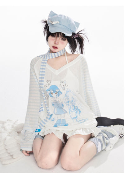 Sleeves V-Neck Cartoon Girl Print Semi-Sheer Coverup Striped Blue/Pink