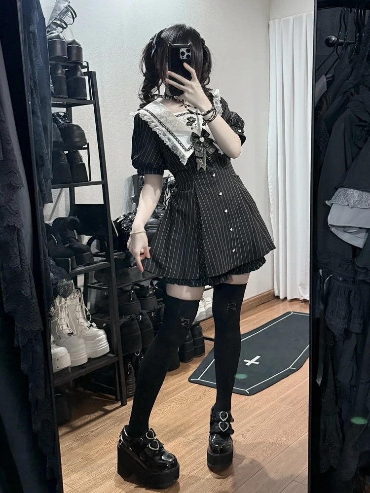 Black Striped Sailor Collar Short-Sleeve Dress with Cherry Blossom Embroidery and Matching Shorts - Dream Core Waves