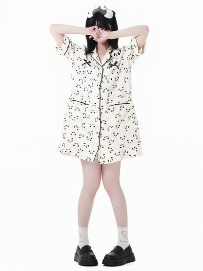 パンダ柄シャツワンピース スカラップエッジカラー パジャマ ベージュ ぬいぐるみ