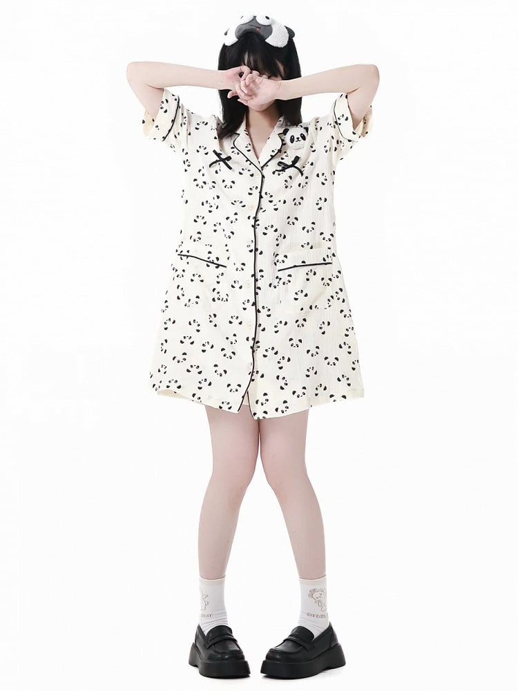 Allover Panda Print Plüsch Beige Shirt Kleid Pyjama Panda gewellter Rand Kragen