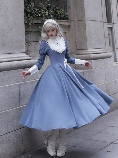 Blaues elegantes Juliette-Ärmelkleid Nonne Lolita Langarm Einteiler