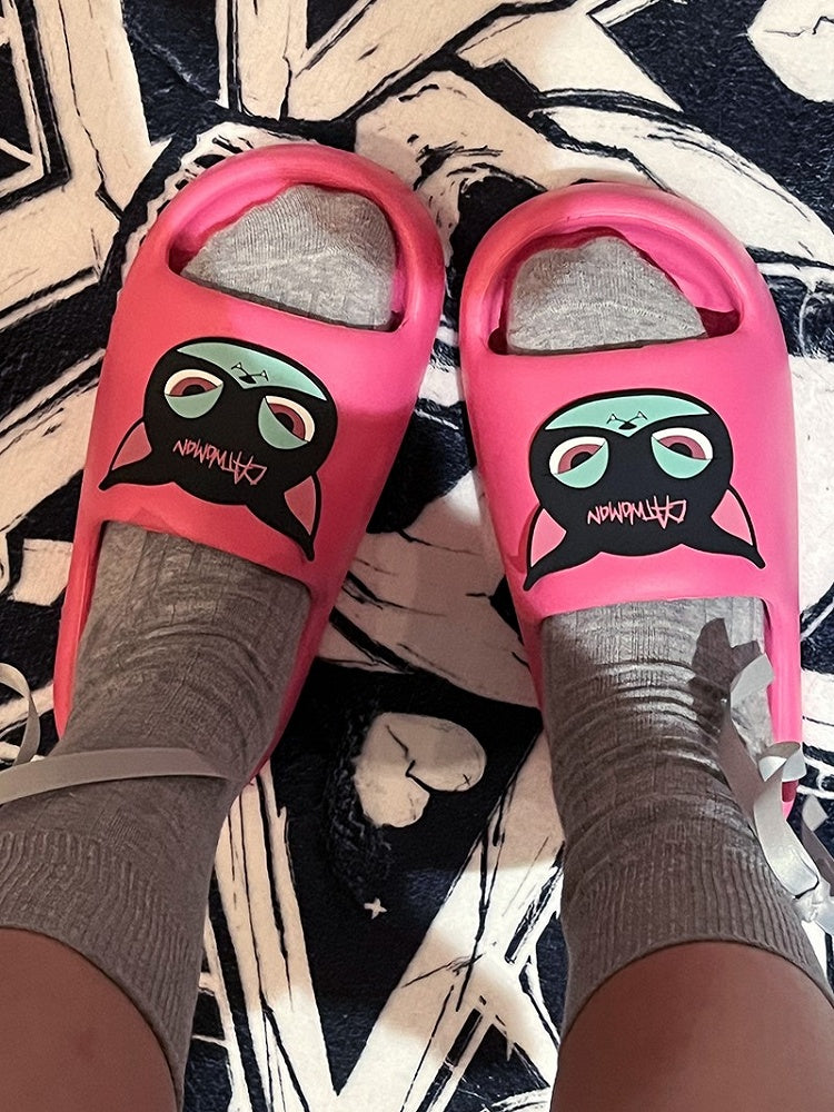 Slippers Summer Cat Gothic Black and With Applique Pink Green