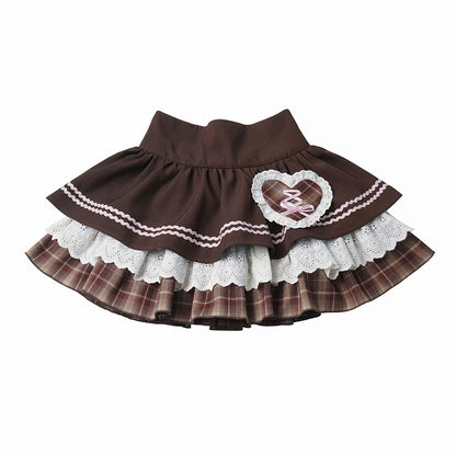 Tiered Skirt with Lace Trim and Plaid Heart Patch in Brown and Pink - PINK SAVIOR