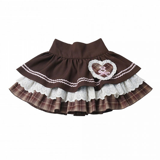 Tiered Skirt with Lace Trim and Plaid Heart Patch in Brown and Pink - PINK SAVIOR