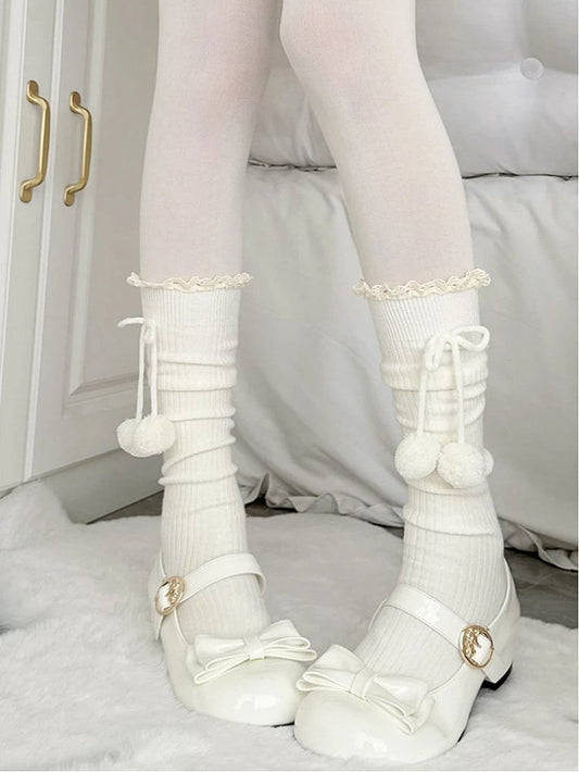 Slouch White (Sweet with Lace Style) Calf Bows Ribbed Pom-Pom Socks Elegant