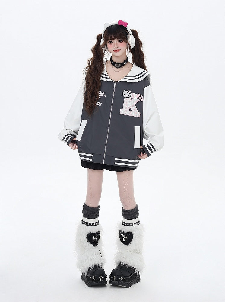 Navy Blue/Gray Sailor Collar Kitty Embroidered Baseball Jacket