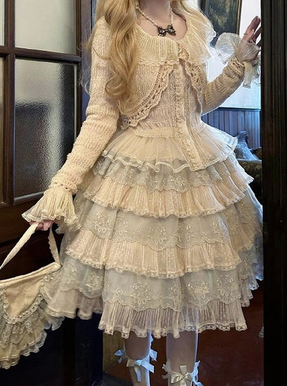 Elegant Beige Short Lolita Knitted Cardigan