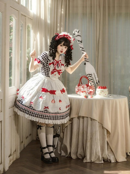 Sleeves Gingham Lolita Dress Strawberry Sweet Print with Puff Black White