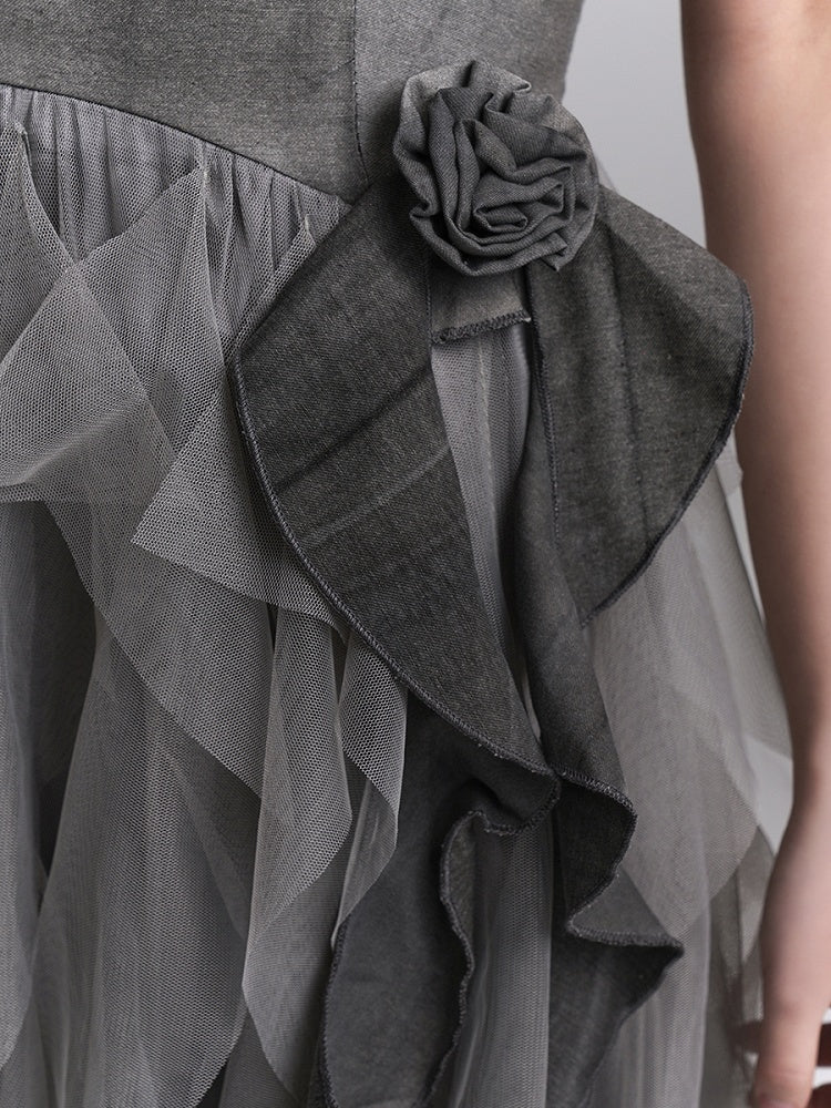 Gothic Rose Gray Accents Slip Tulle Dress Ruffles with Cascading