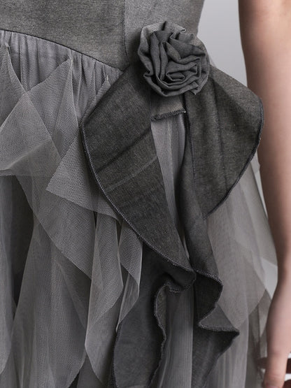Gothic Rose Gray Accents Slip Tulle Dress Ruffles with Cascading