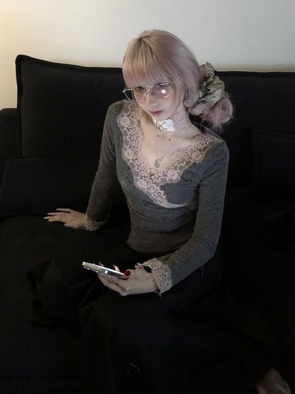 Lace Long Pink Trim Sleeve Top Gray Crossover