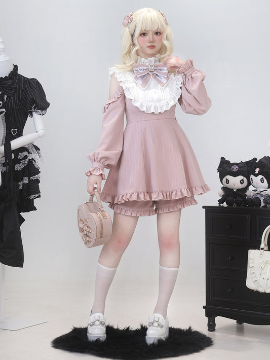 Jirai Dress Sleeve Shorts Convertible with Kei Set: 3-Way Pink Striped
