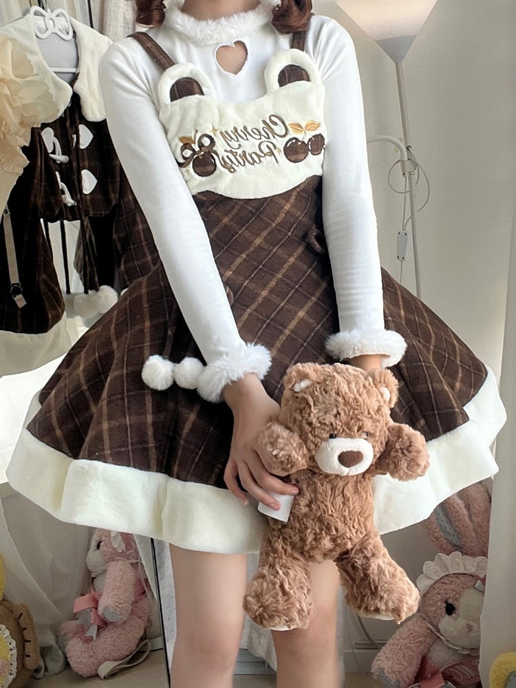 Süß mit Kirsch-Pom-Poms kariertes braunes Kleid für Herbst und Winter Lolita