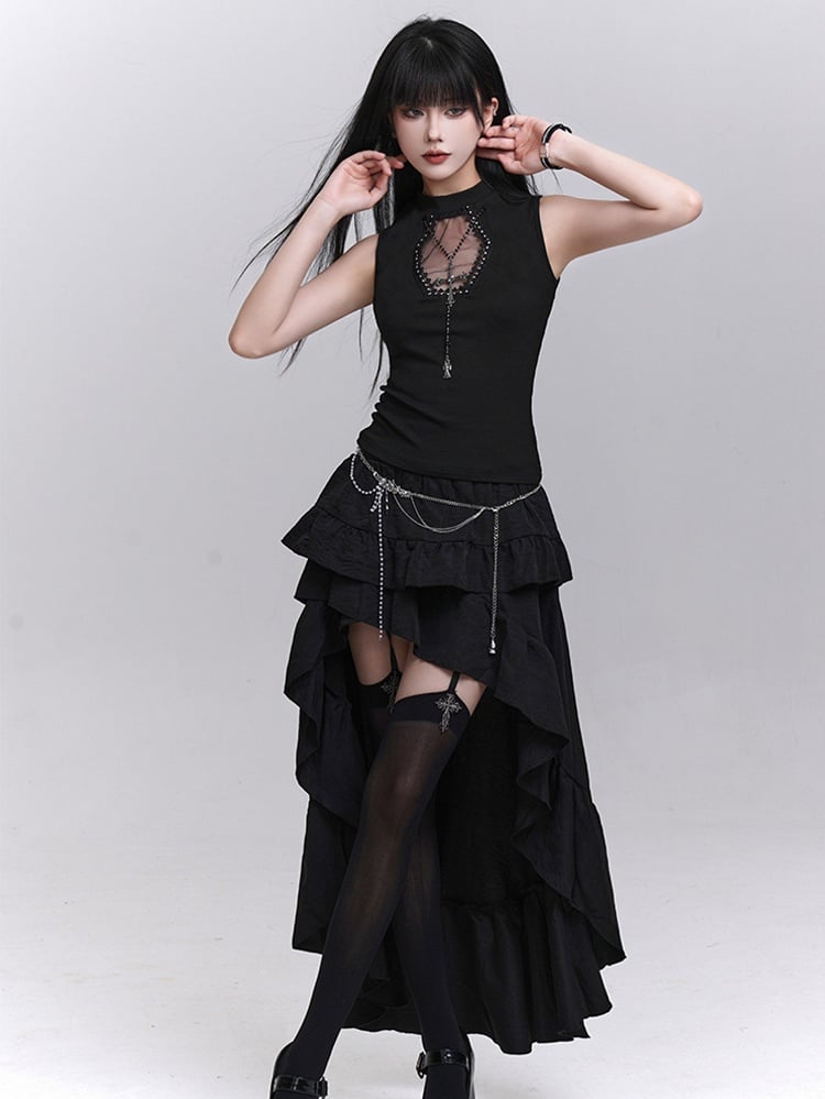 ネックレス タンクトップ クロス 棺型 カットアウト ブラック スタッズ付き フリー